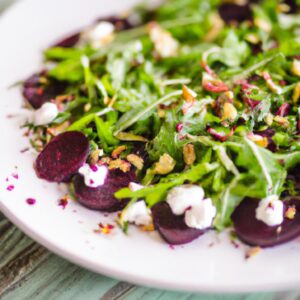 Arugula Salad with Roasted Beets Goat Cheese and Pistachios Healthy Salad Recipe