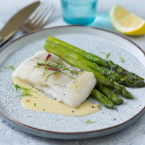 Baked Cod with Asparagus and Lemon Dill Sauce Healthy Dinner Recipe