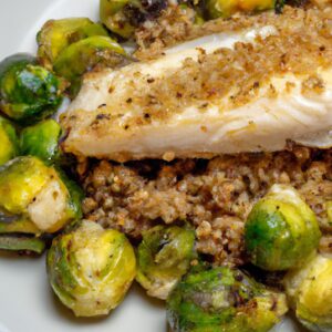 Baked Cod with Quinoa and Roasted Brussels Sprouts Main Dish Recipe