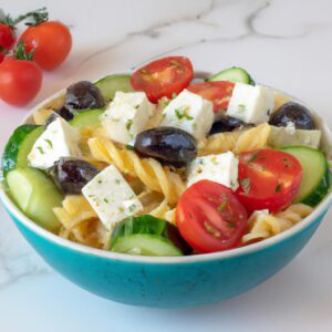 Greek Pasta Salad with Tomatoes Cucumbers Olives and Feta Refreshing Salad Recipe