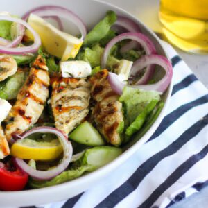 Greek Salad with Grilled Chicken and Lemon Herb Dressing Lunch Recipe