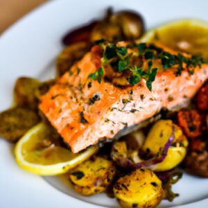 Lemon Herb Roasted Salmon with Roasted Vegetables Main Dish Recipe