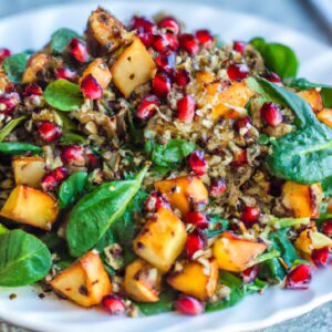 Spinach and Quinoa Salad with Roasted Sweet Potatoes and Pomegranate Seeds Healthy Salad Recipe