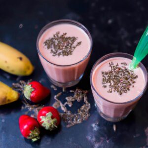 Strawberry Banana Protein Smoothie with Spinach and Flaxseeds Healthy Dessert Recipe