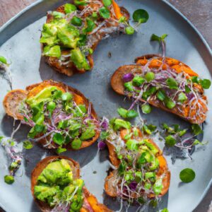 Sweet Potato Toast with Avocado and Sprouts Healthy Snack Recipe