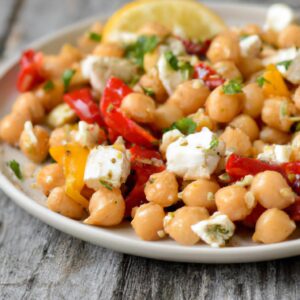 Chickpea Salad with Roasted Red Peppers Feta and Lemon Herb Dressing