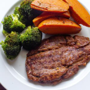 Grilled Steak with Sweet Potato Wedges and Steamed Broccoli Lunch Recipe