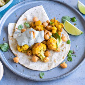 Roasted Cauliflower and Chickpea Tacos with Avocado Crema Lunch Recipe