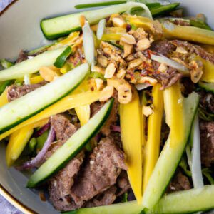 Thai Beef Salad with Mango Cucumber and Peanut Dressing Refreshing Salad Recipe